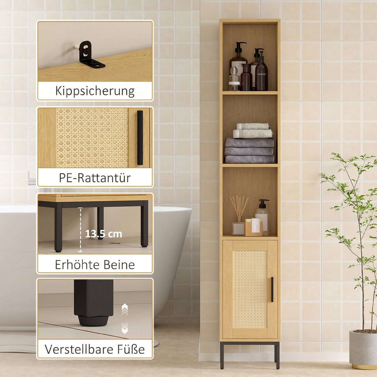 Tall Bathroom Cabinet, Slim Wood Look with Adjustable Shelf