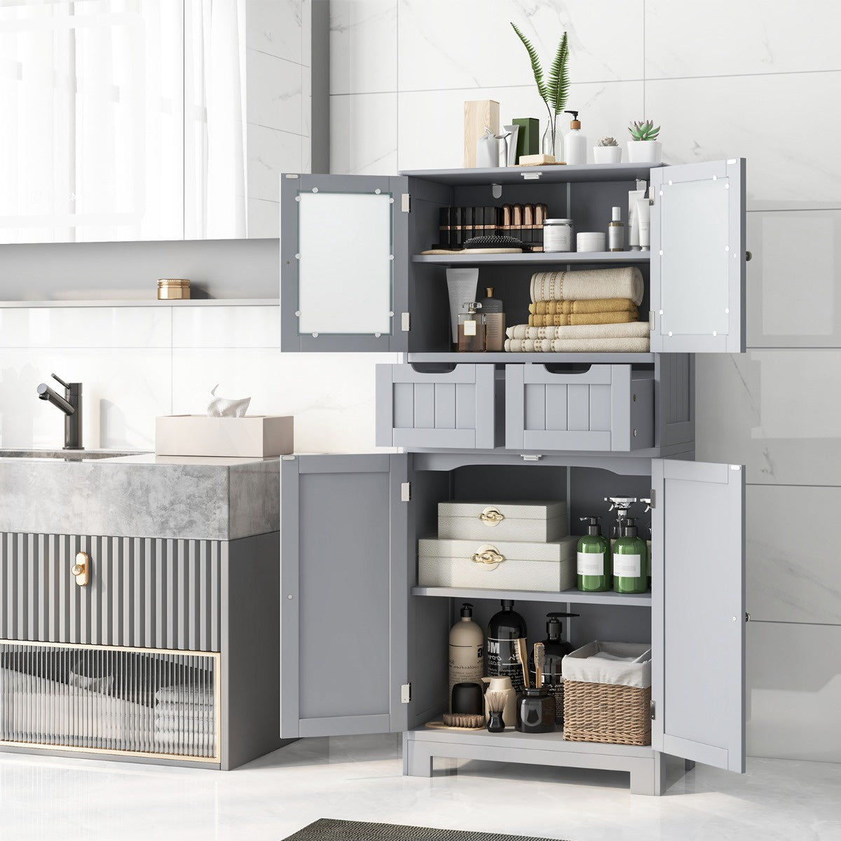Tall Bathroom Storage Cabinet, 4 Doors, 2 Drawers, Grey