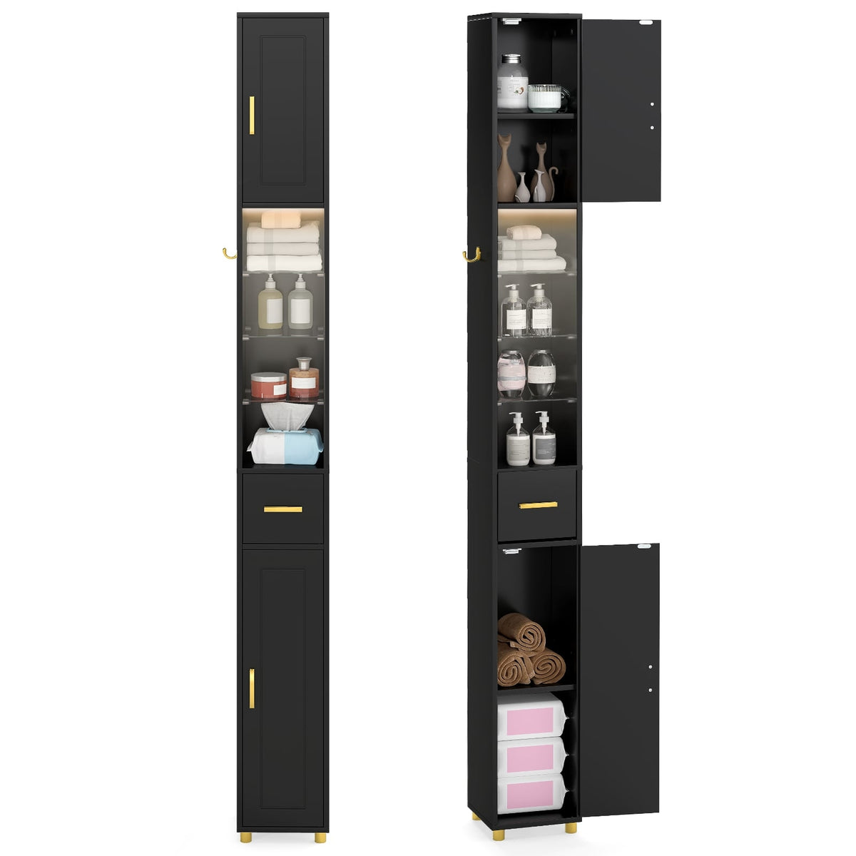 Tall Black Bathroom Cabinet with Lighting & Glass Shelves
