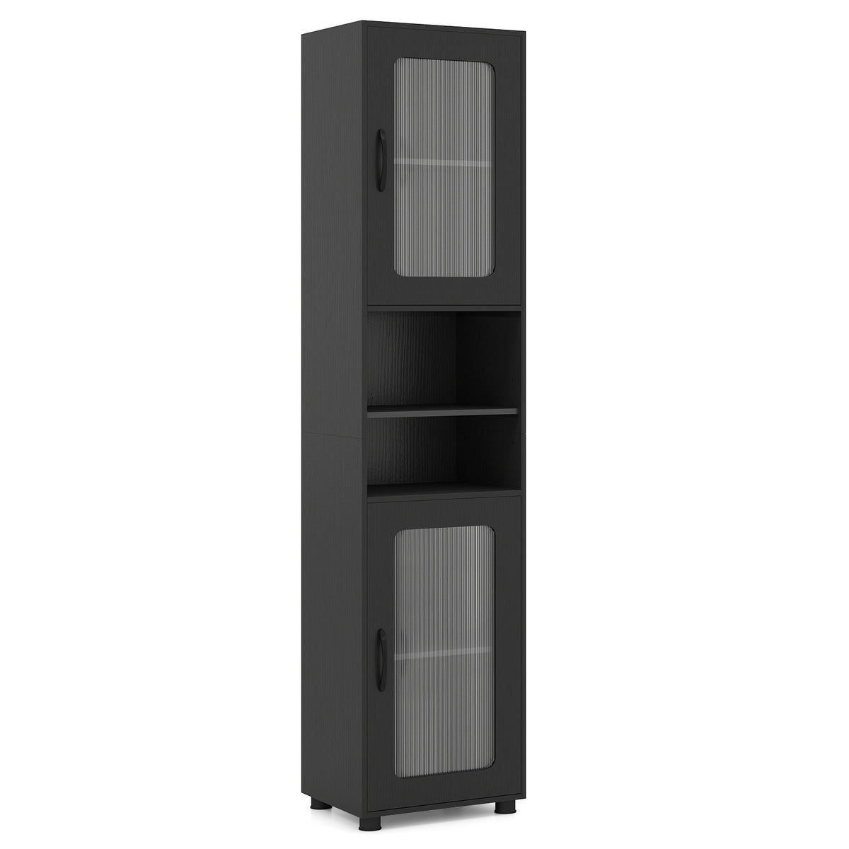 Tall Black Bathroom Storage Cabinet with Fluted Doors