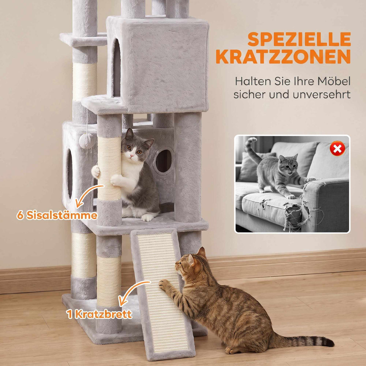 Tall Cat Tree, 200 cm with Beds, Hammock, for 3 Cats