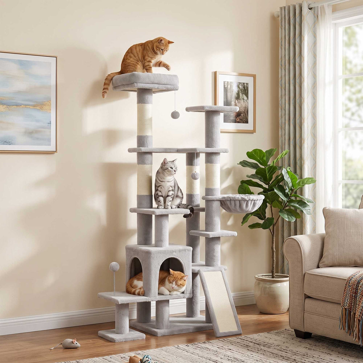 Tall Cat Tree with Hammock, Scratching Posts, Light Grey