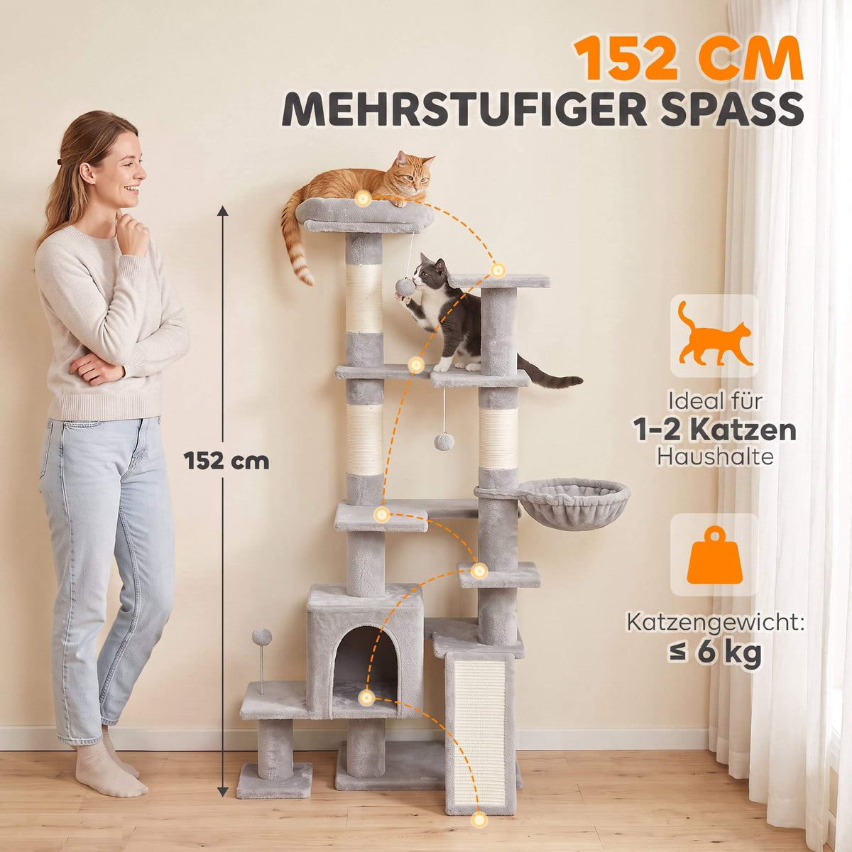 Tall Cat Tree with Hammock, Scratching Posts, Light Grey