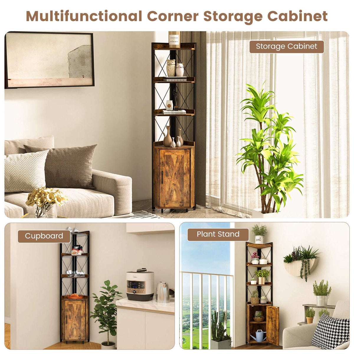 Tall Corner Storage Cabinet, 3-Tier Shelf, Door, MDF