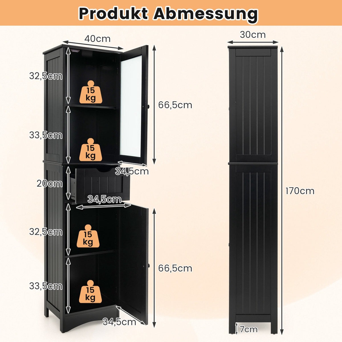 Tall Floor Storage Cabinet, 2 Doors, 1 Drawer, Black