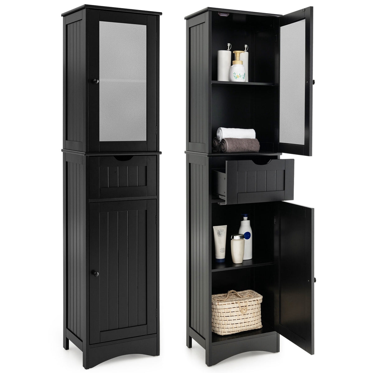 Tall Floor Storage Cabinet, 2 Doors, 1 Drawer, Black