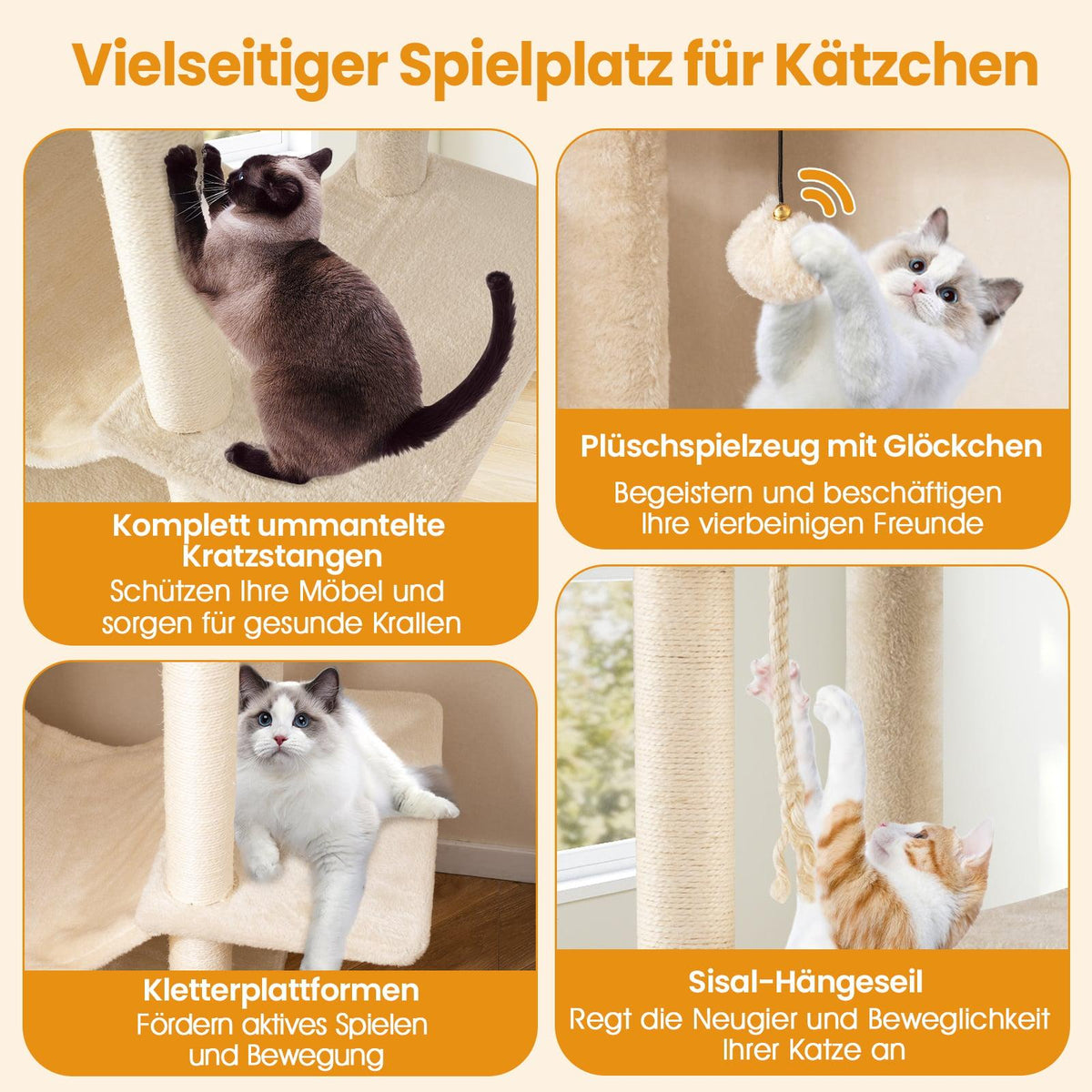 Tall Multi-Level Cat Tree with Sisal Posts, 2 Caves, Beige