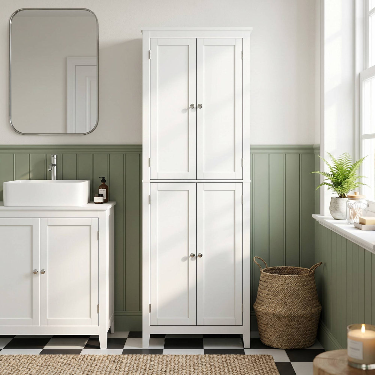 Tall White Bathroom Cabinet with Adjustable Shelves, 170 cm