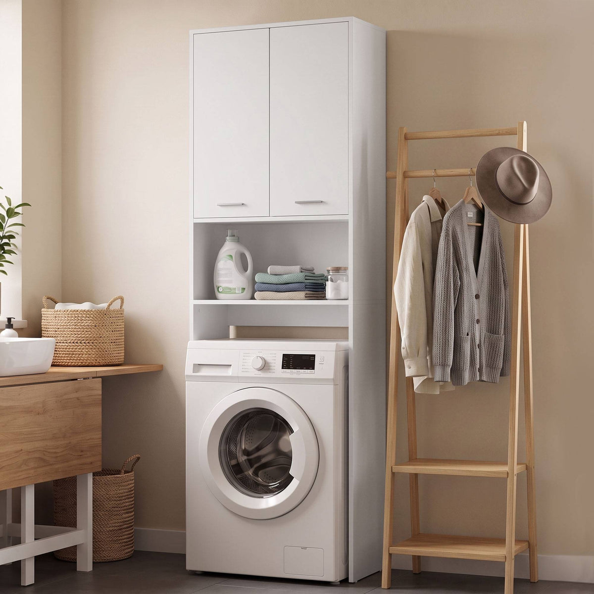 Tall White Bathroom Cabinet with Doors and Open Shelf