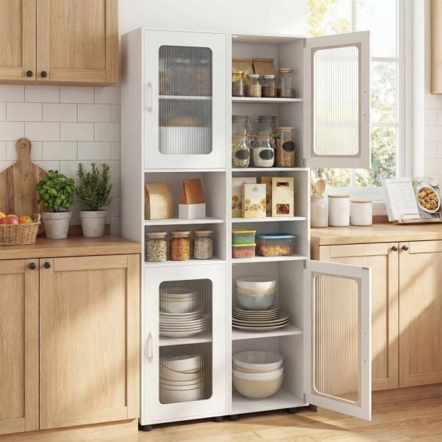 Tall White Bathroom Storage Cabinet with Fluted Doors