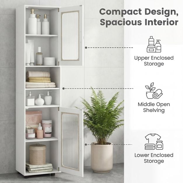Tall White Bathroom Storage Cabinet with Fluted Doors