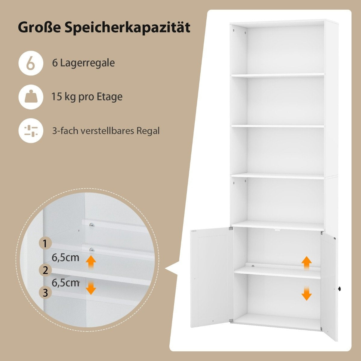 Tall White Bookshelf with Doors, 6 Shelves, 180 cm