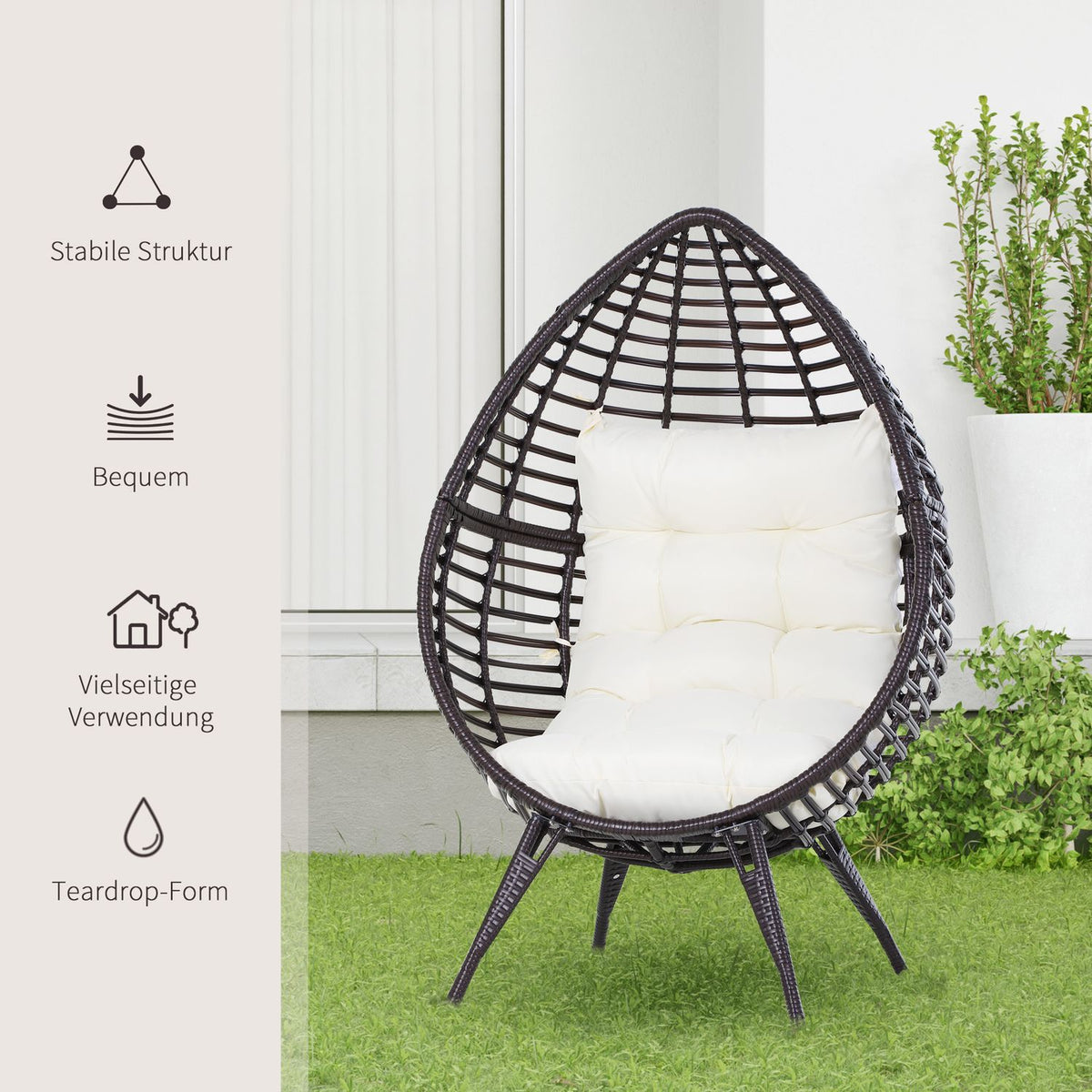 Teardrop Rattan Chair Garden Chair With Seat Cushion Raised Rattan Chair Steel Brown 101 X 89 X 156 Cm