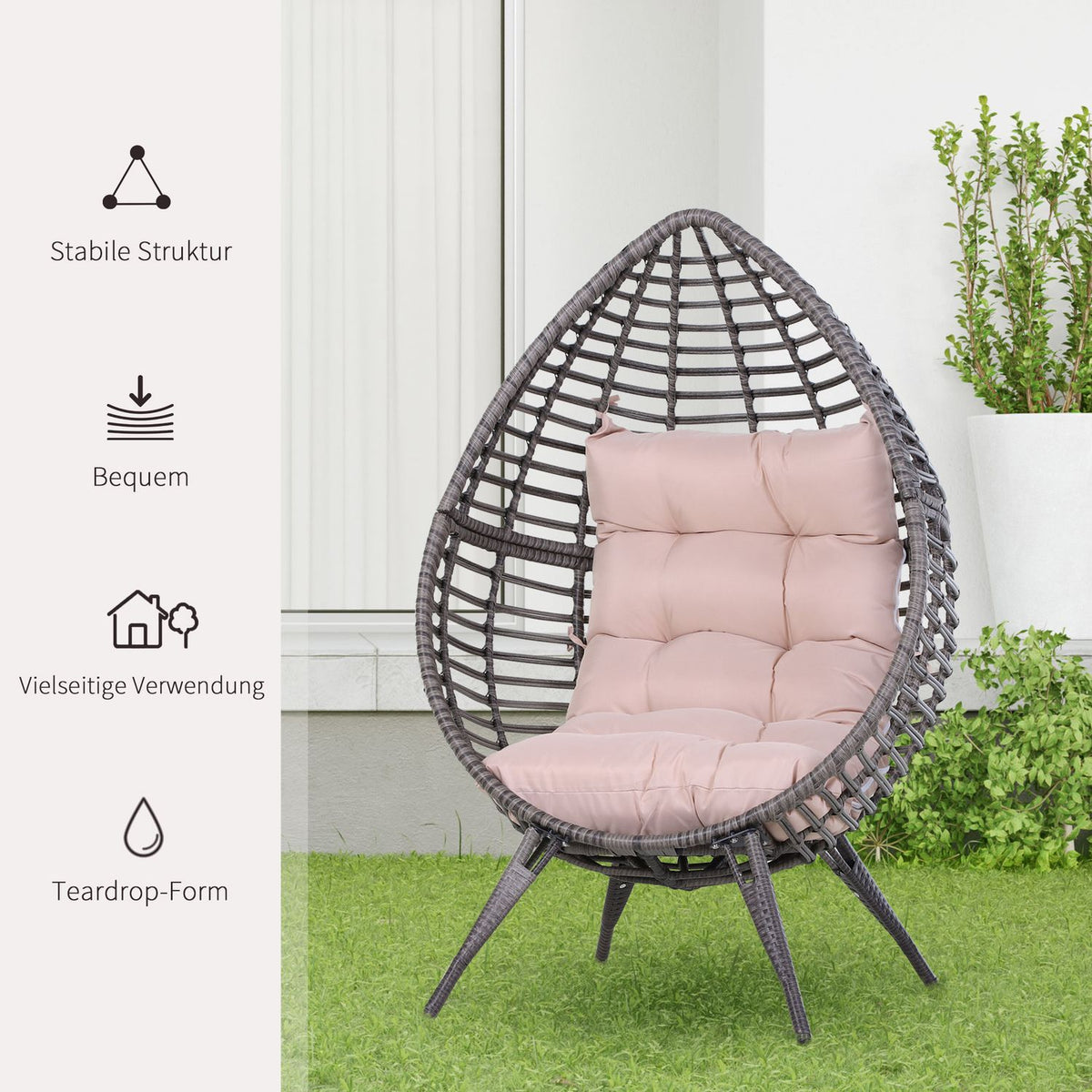 Teardrop Rattan Chair Garden Chair With Seat Cushion Raised Rattan Chair Steel Gray 101 X 89 X 156 Cm