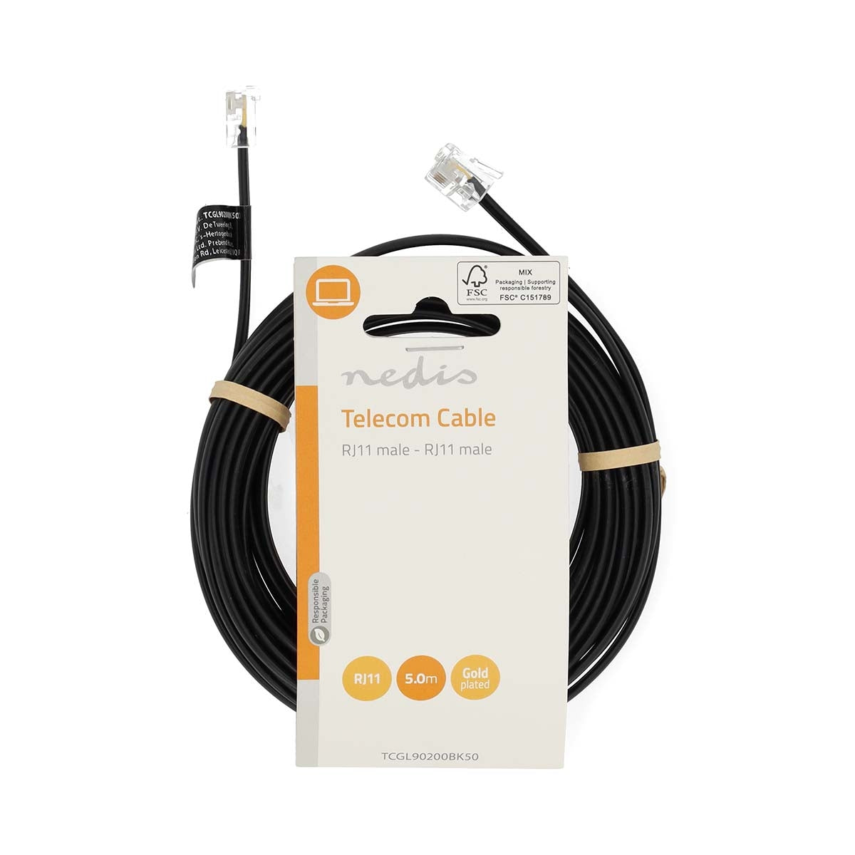 Telecom Cable | RJ11 Male | RJ11 Male | 5.00 m | Cable design: Flat | Gold Plated | Cable type: RJ11 | Black | Label