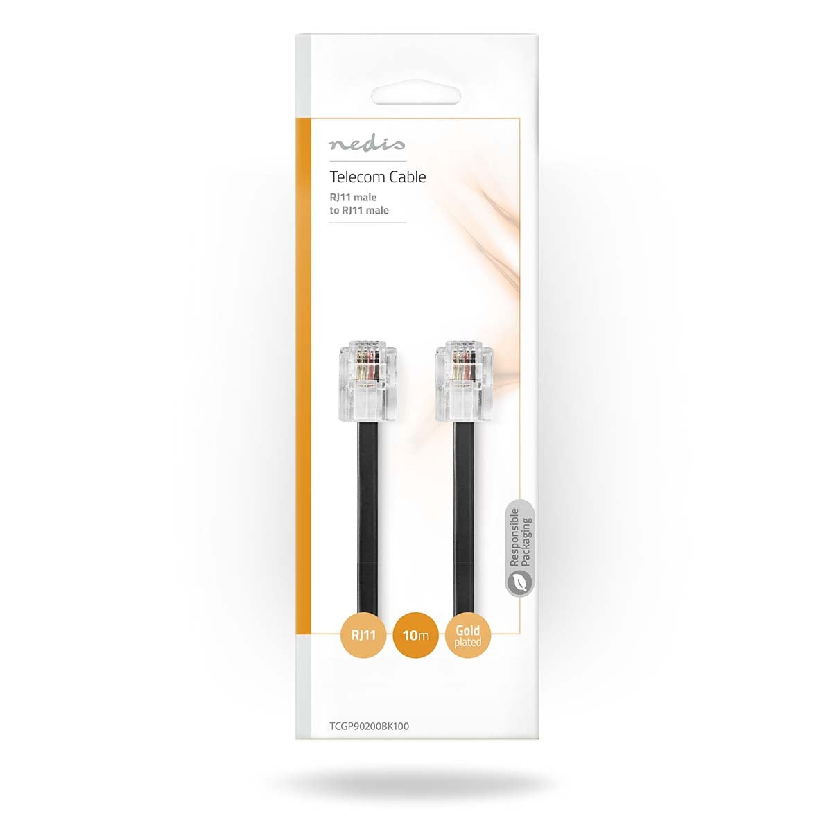 Telecom cable | RJ11 Male | RJ11 Male | 10.0 m | Cable design: Flat | Plating: Gold Plated | Cable type: RJ11 | Black