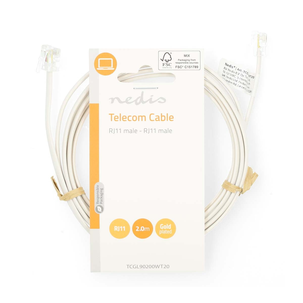 Telecom cable | RJ11 Male | RJ11 Male | 2.00 m | Cable design: Flat | Plating: Gold Plated | Cable type: RJ11 | White