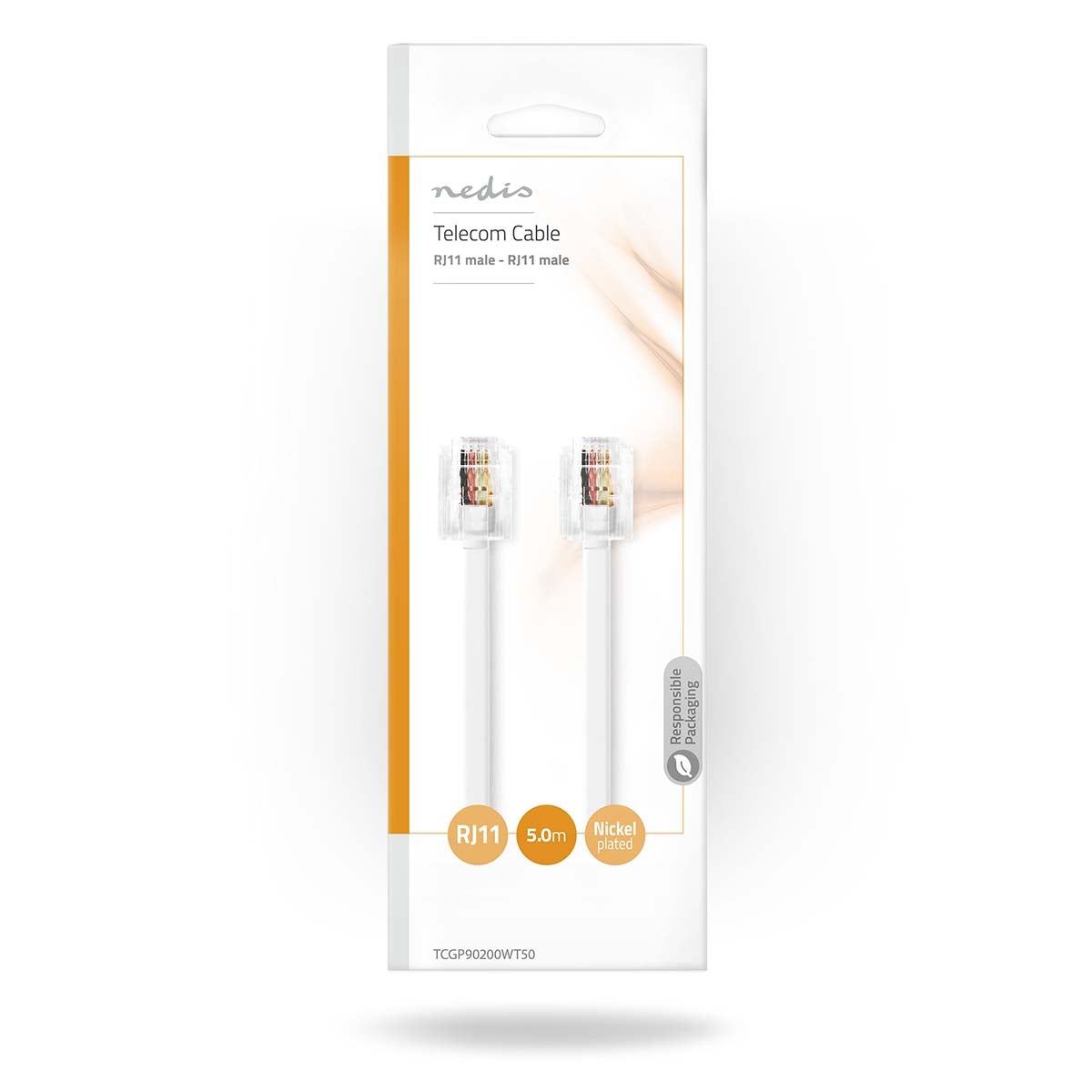 Telecom cable | RJ11 Male | RJ11 Male | 5.00 m | Cable design: Flat | Plating: Nickel plated | Cable type: RJ11 | White