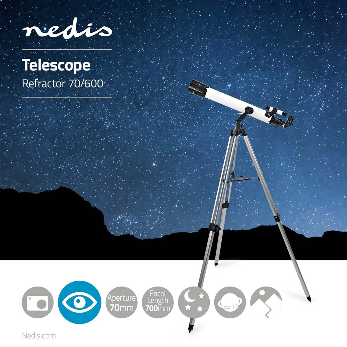 Telescope | Aperture: 70 mm | Focal length: 700 mm | Finderscope: 5 x 24 | Maximum working height: 125 cm | Tripod | Black / White