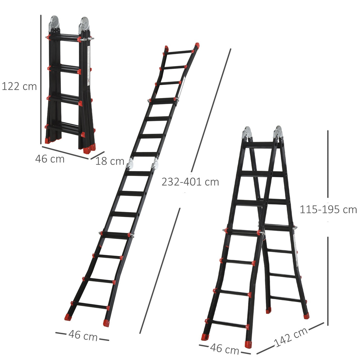 Telescopic ladder, folding ladder, 4 m aluminum ladder, non-slip aluminum ladder, A-frame telescopic extension ladder, load capacity up to 150 kg