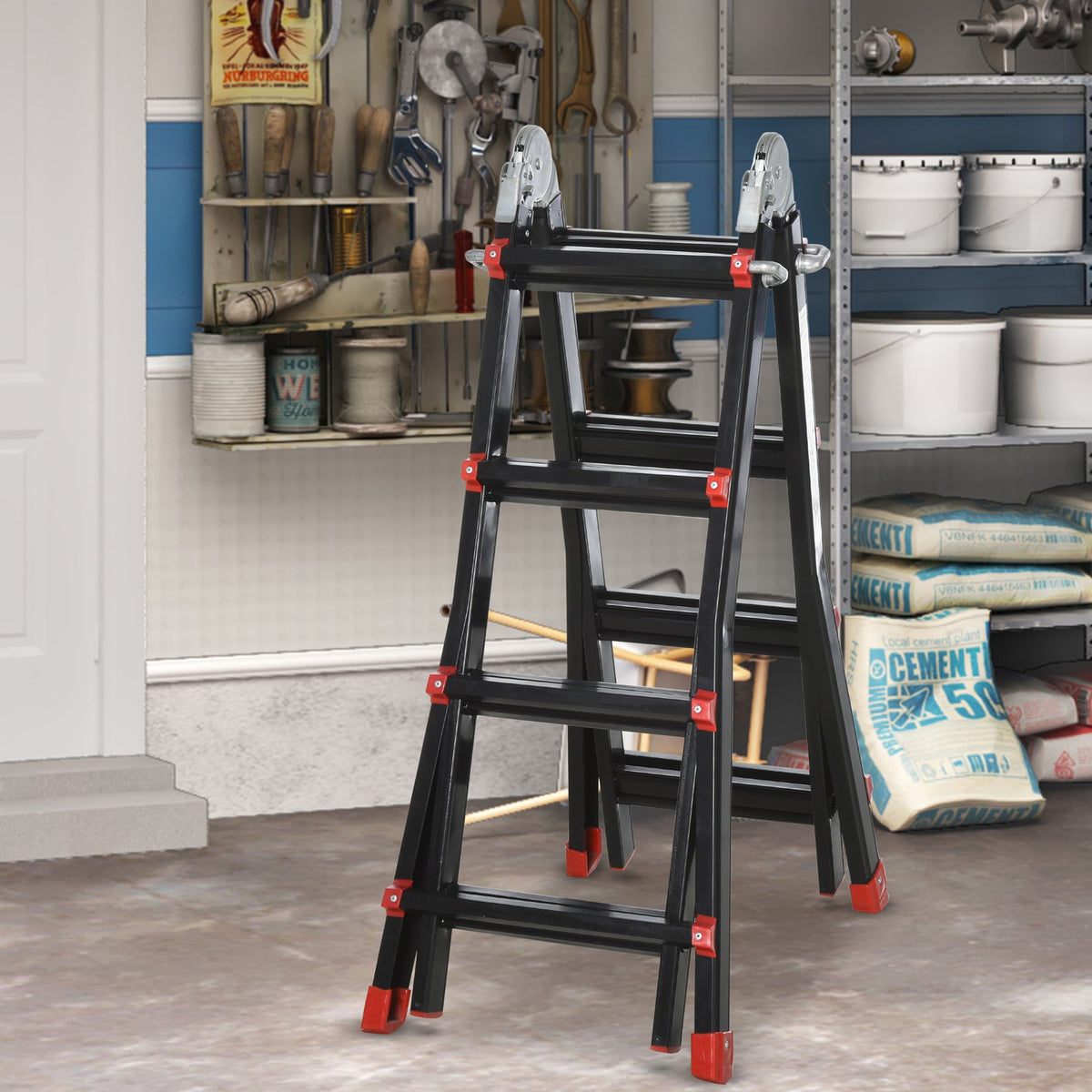 Telescopic ladder, folding ladder, 4 m aluminum ladder, non-slip aluminum ladder, A-frame telescopic extension ladder, load capacity up to 150 kg