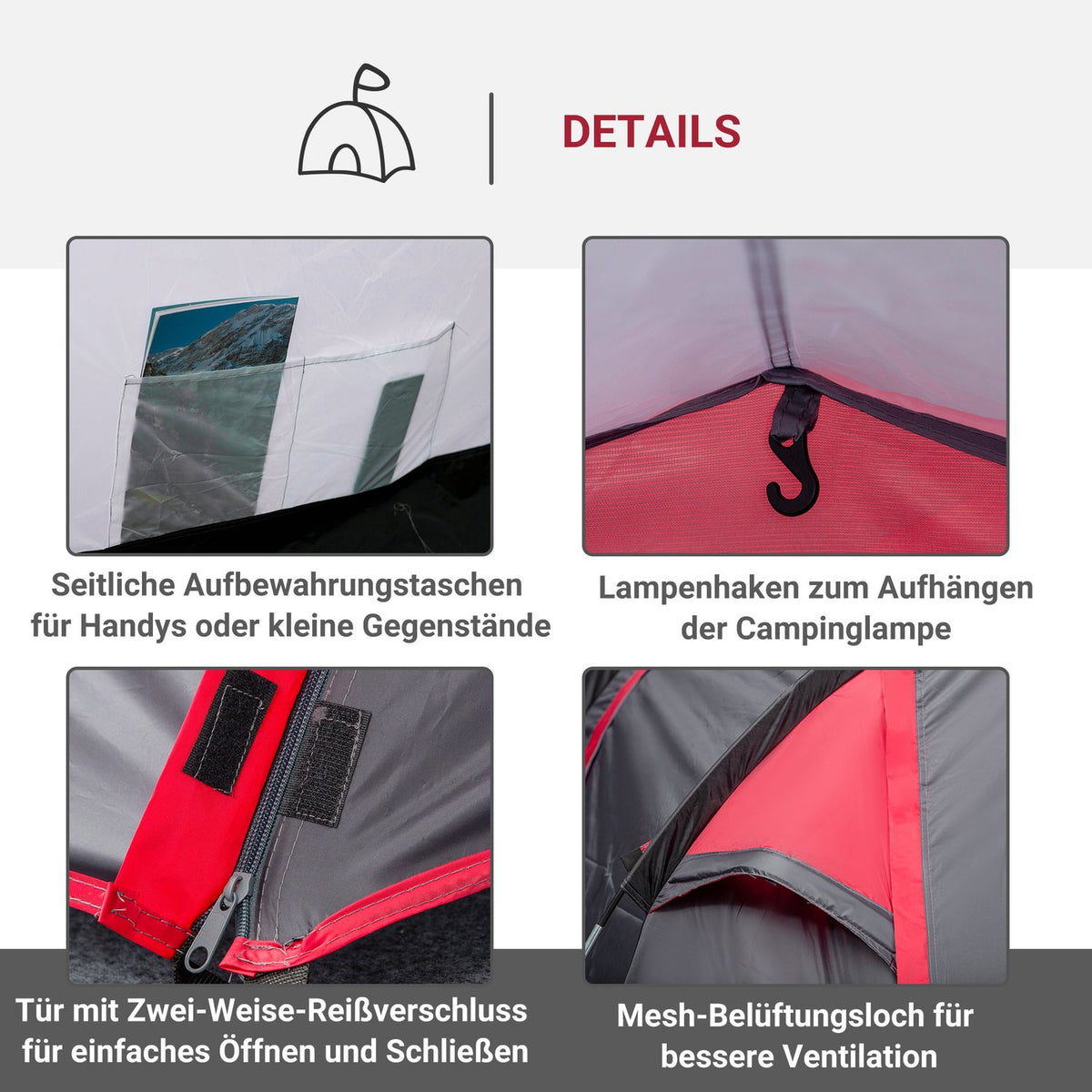 Tent For 2-3 People 190T Tunnel Tent Camping Tent With Pegs Fiberglass Polyester Gray 426 X 206 X 154 Cm
