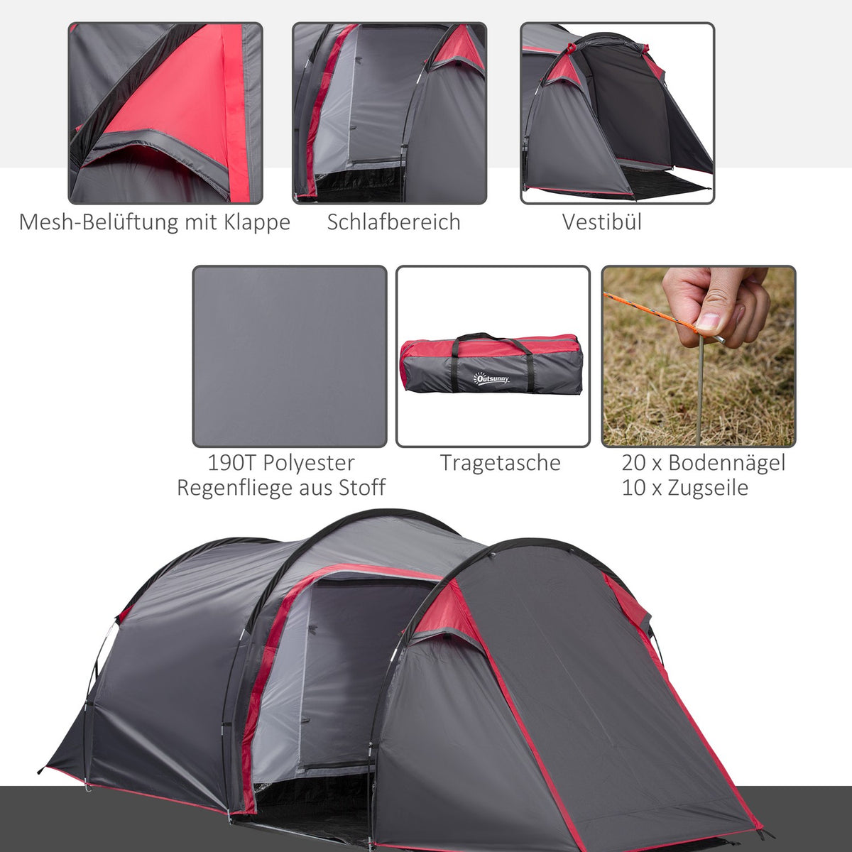 Tent For 2-3 People 190T Tunnel Tent Camping Tent With Pegs Fiberglass Polyester Gray 426 X 206 X 154 Cm