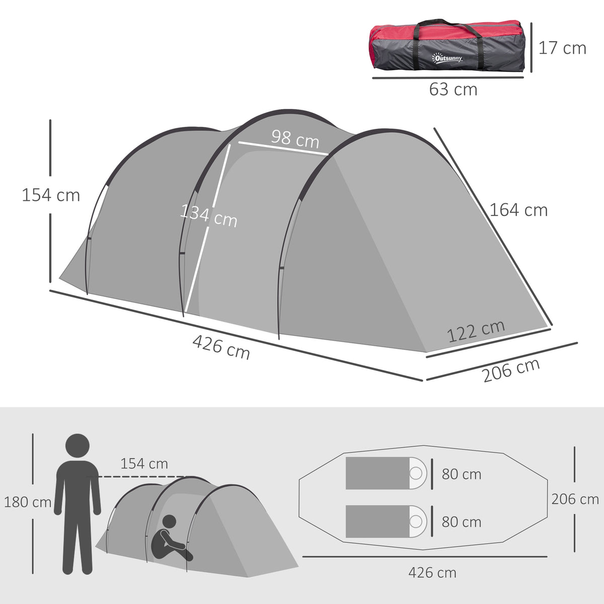 Tent For 2-3 People 190T Tunnel Tent Camping Tent With Pegs Fiberglass Polyester Gray 426 X 206 X 154 Cm
