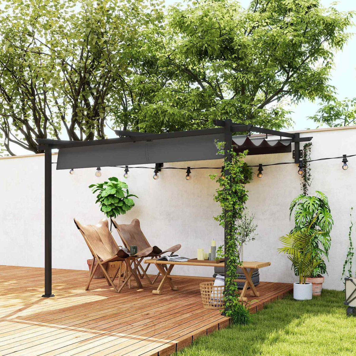 Terrace roof pergola approx. 3x3m terrace roofing, garden pavilion made of aluminum, wall mounting, garden pavilion with adjustable roof, sun protection for terrace and garden, dark gray