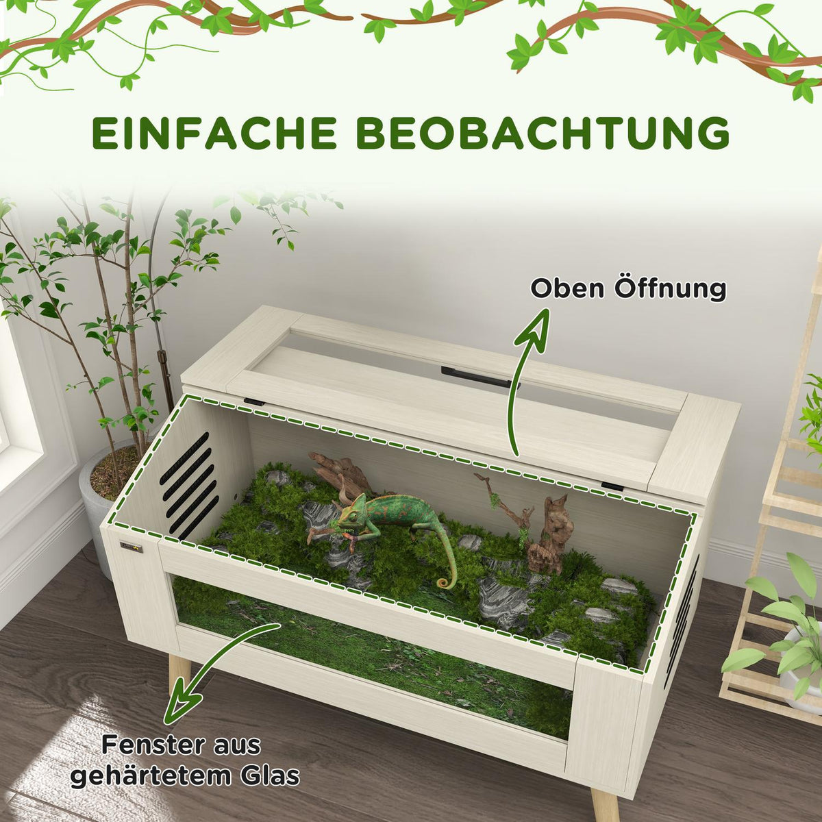 Terrarium for reptiles, 140L reptile feeding box with tempered glass windows, lid, legs, reptile breeding box for amphibians, spider, oak, 100 x 50 x 60 cm |