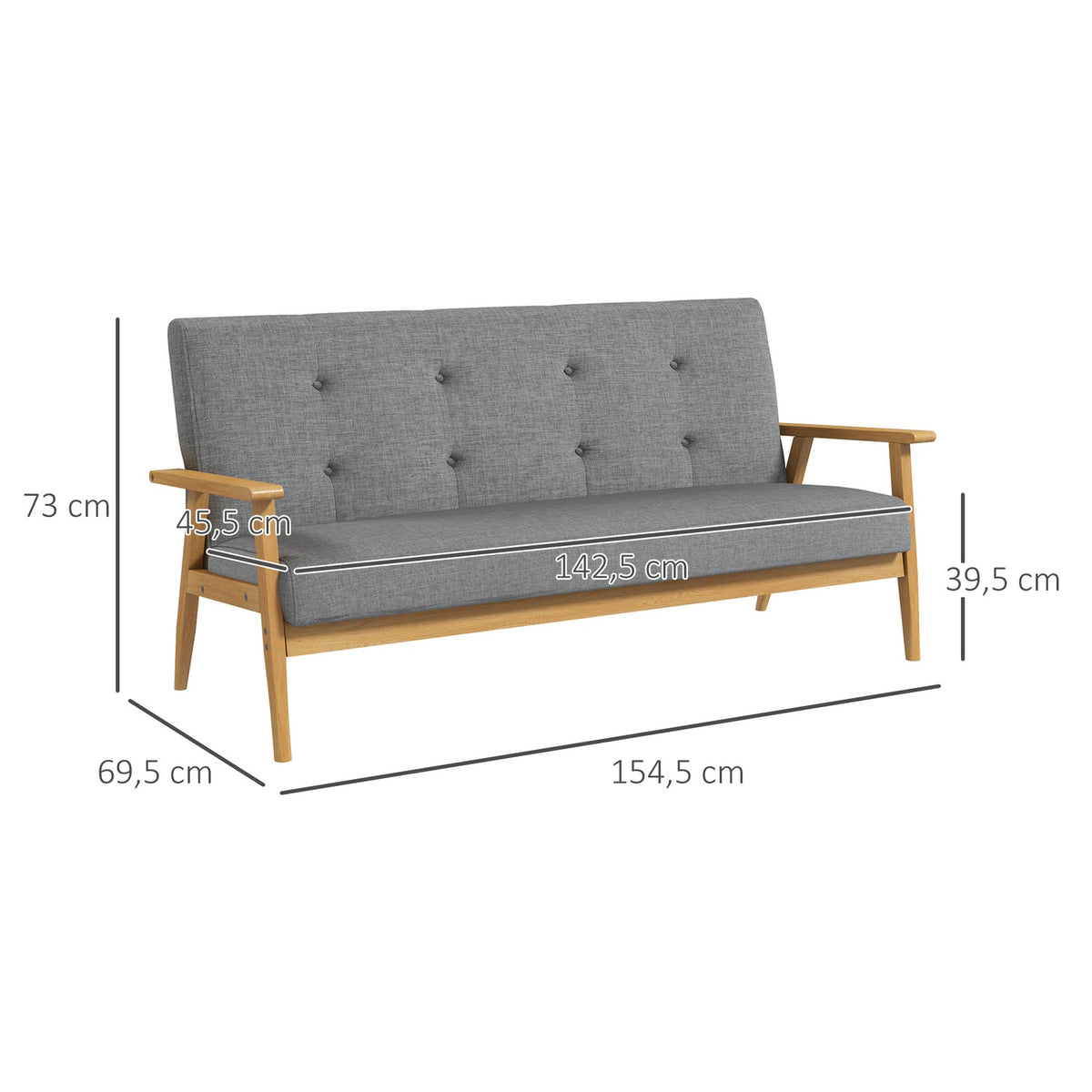 Three-seater upholstered sofa, rubberwood, 154.5 x 69.5 x 73 cm, grey