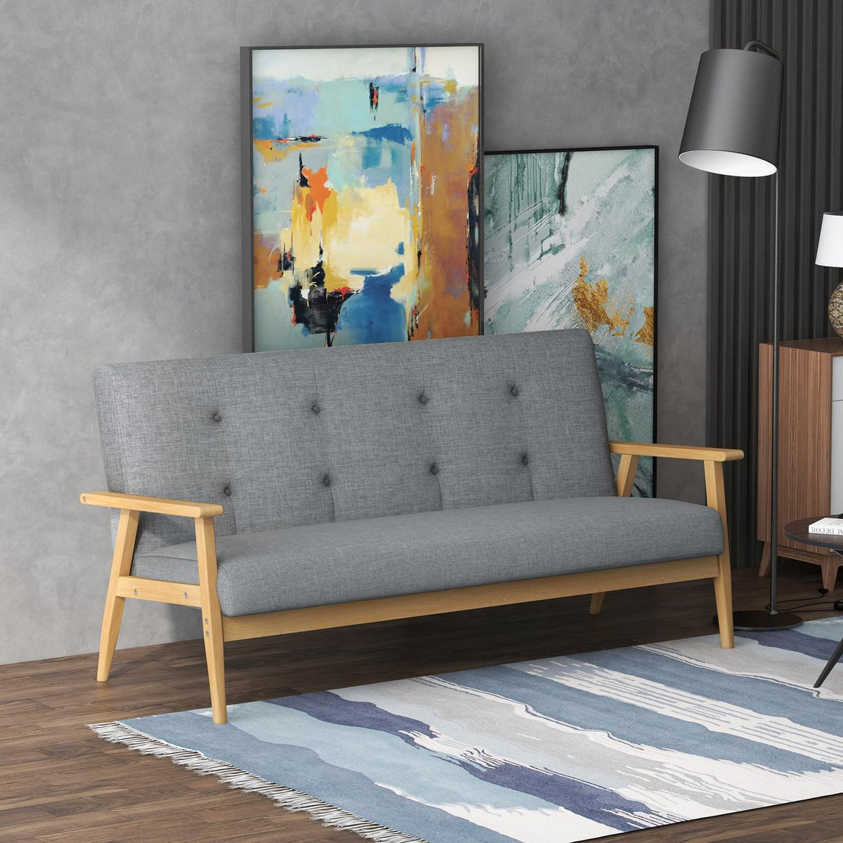 Three-seater upholstered sofa, rubberwood, 154.5 x 69.5 x 73 cm, grey
