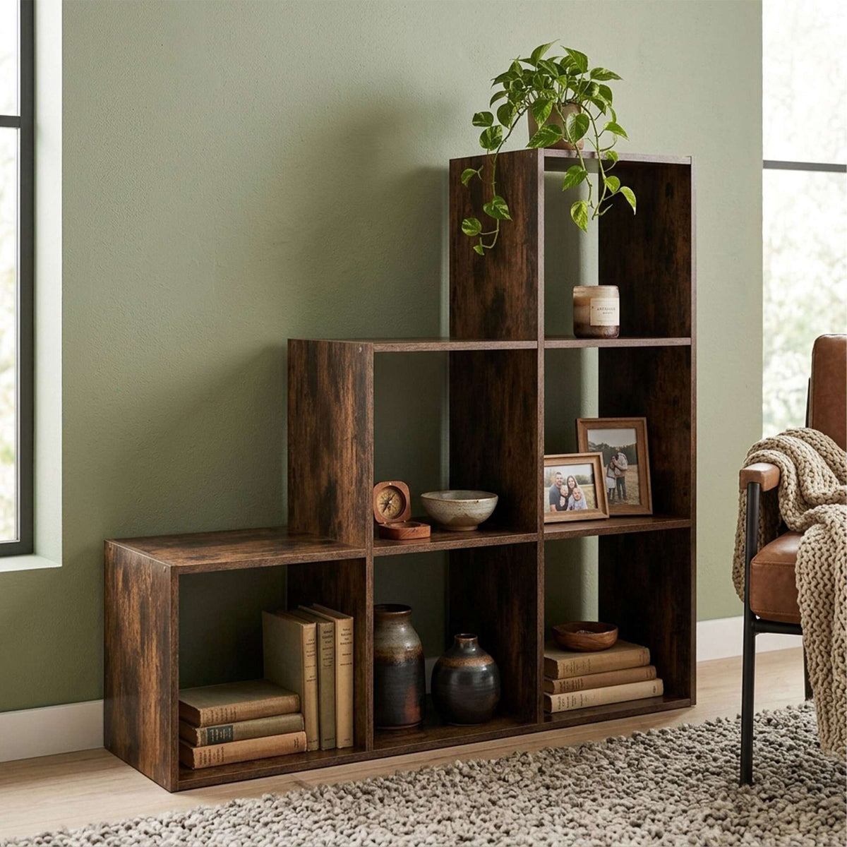 Tiered Shelf, 6 Compartments – Brown, Engineered Wood