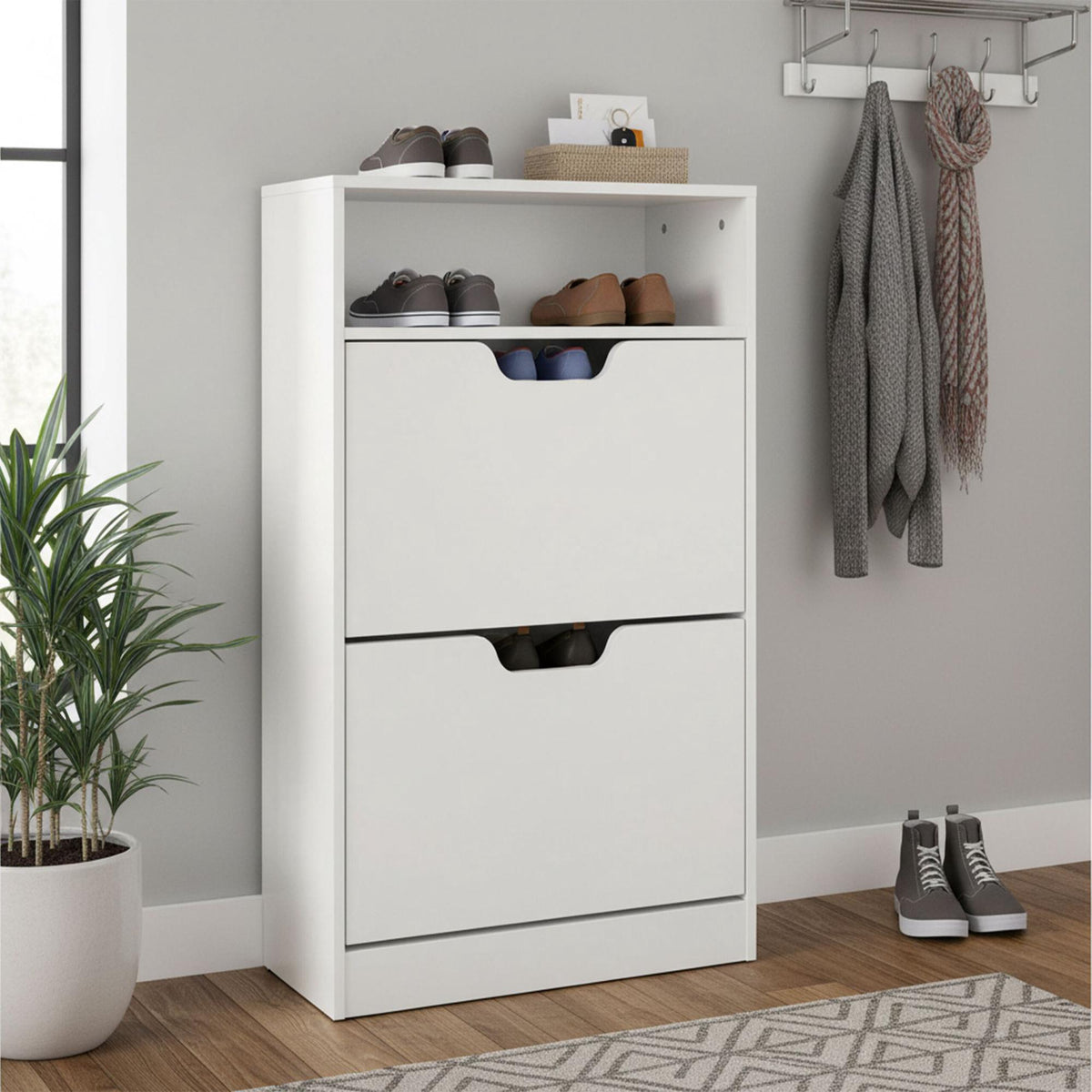 Tilt-Out Shoe Cabinet with Open Shelf Storage