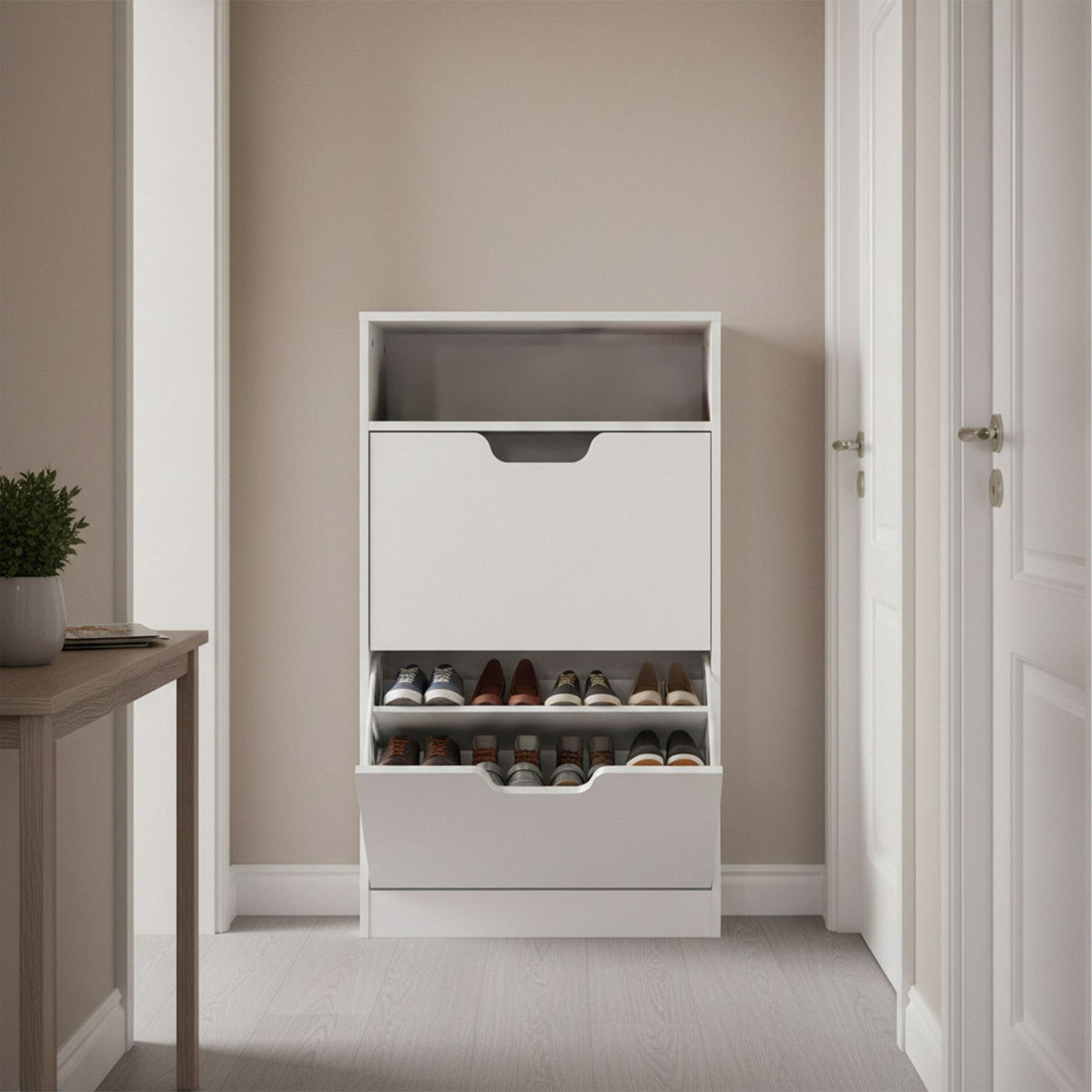 Tilt-Out Shoe Cabinet with Open Shelf Storage