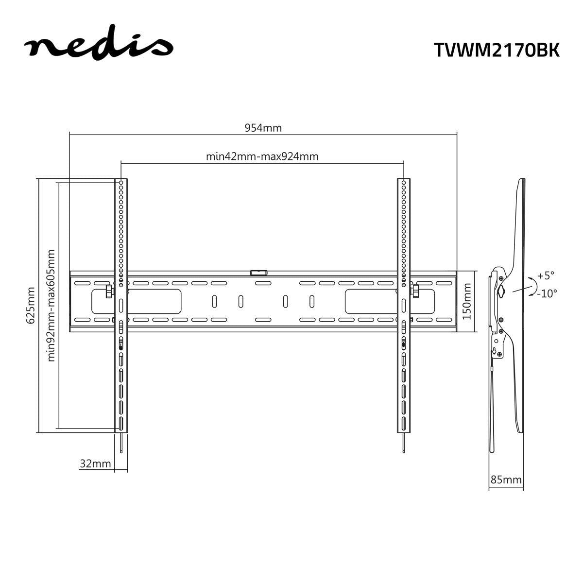Tiltable TV wall mount | 60-100 " | Maximum screen weight supported: 75 kg | Can be tilted: 5 ° | Minimum wall distance: 85 mm | Steel | Black
