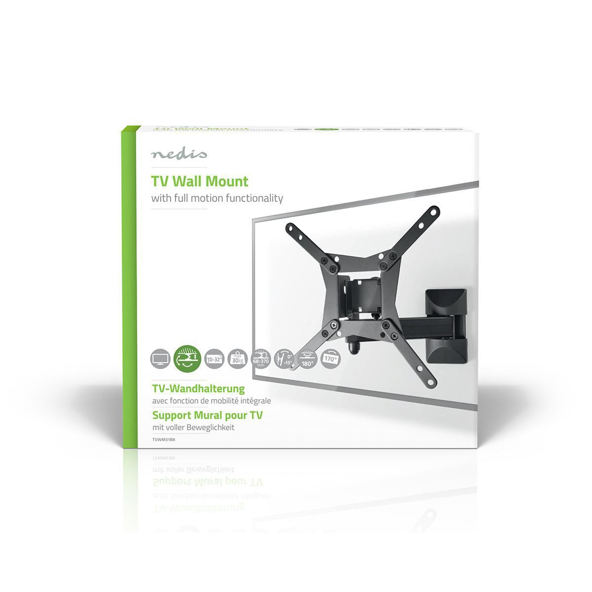 Tilt and swivel TV wall mount | 10-32 " | Maximum Screen Weight Supported: 30kg | Tiltable | Rotatable | Minimum Wall Distance: 68mm | Maximum Wall Distance: 370mm | 3 Pivot Point(s) | Steel | Black