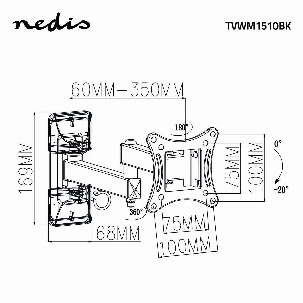 Tilt and swivel TV wall mount | 13-27 " | Maximum Screen Weight Supported: 15kg | Tiltable | Rotatable | Minimum Wall Distance: 60mm | Maximum Wall Distance: 350mm | 3 Pivot Point(s) | ABS / Steel | Black