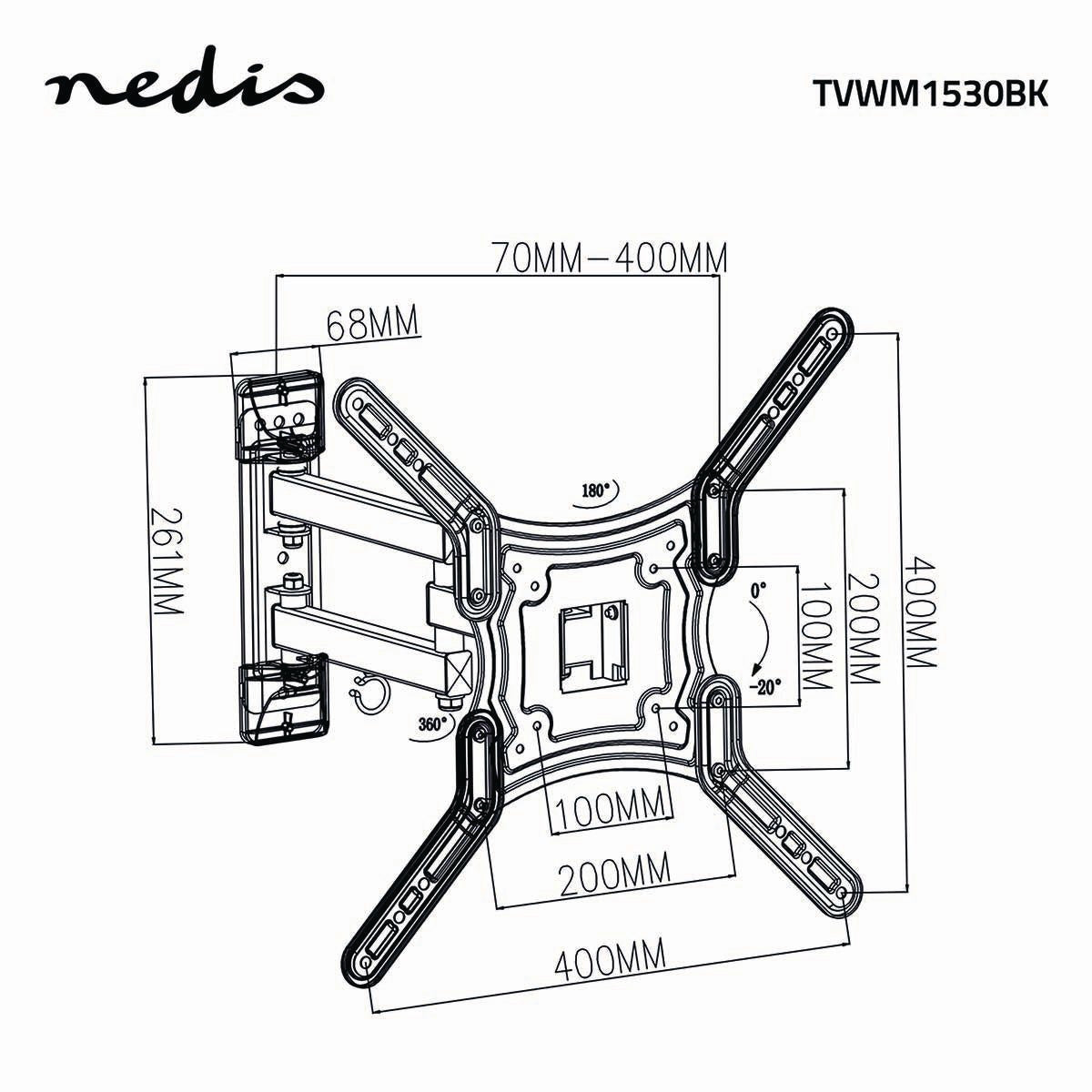 Tilt and swivel TV wall mount | 23-55 " | Maximum Screen Weight Supported: 30kg | Tiltable | Rotatable | Minimum Wall Distance: 70mm | Maximum Wall Distance: 400mm | 3 Pivot Point(s) | ABS / Steel | Black
