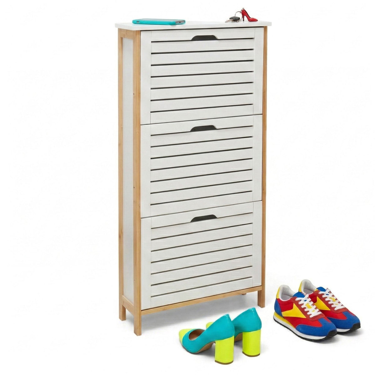 Tilting Bamboo & MDF Shoe Cabinet – Space-Saving Storage