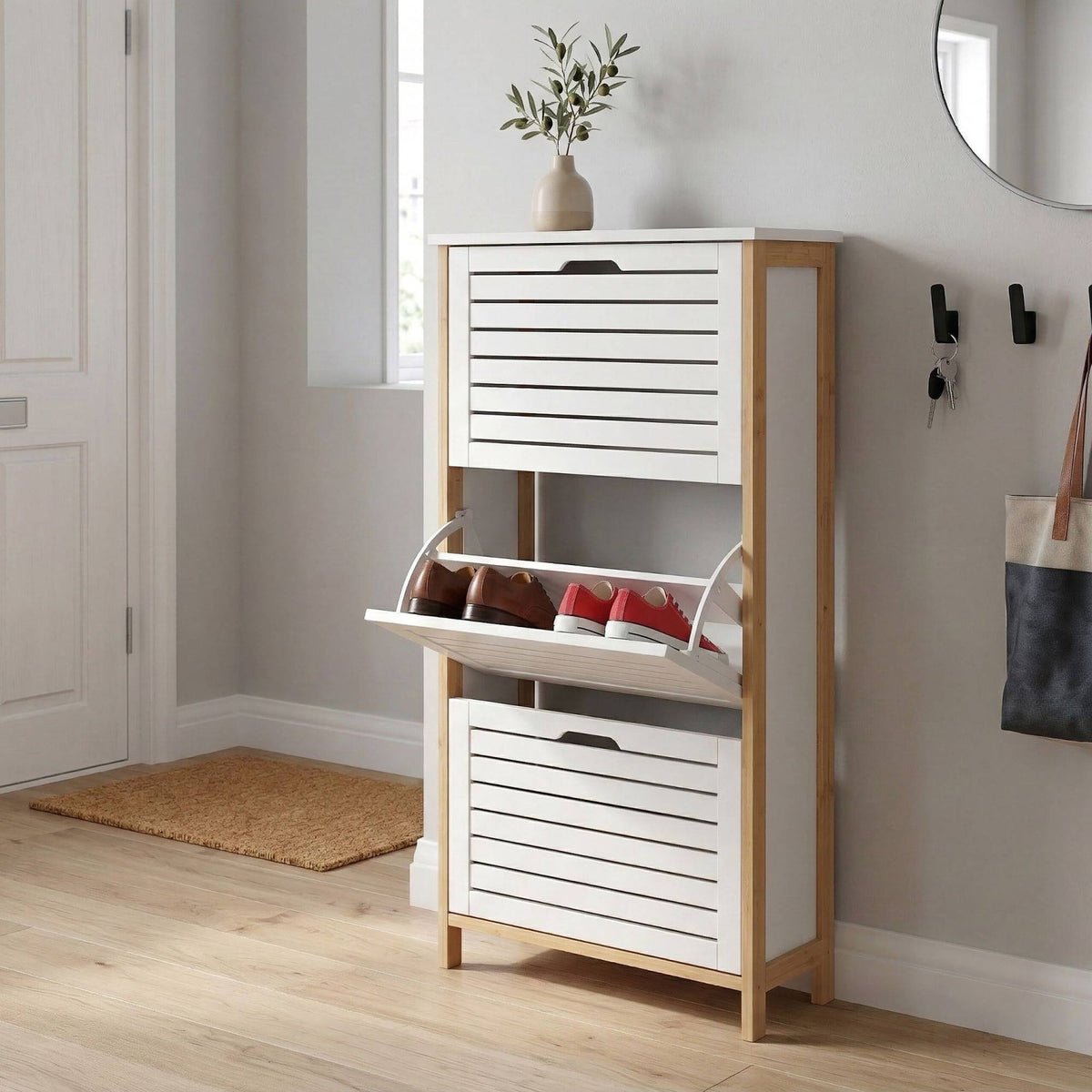 Tilting Bamboo & MDF Shoe Cabinet – Space-Saving Storage