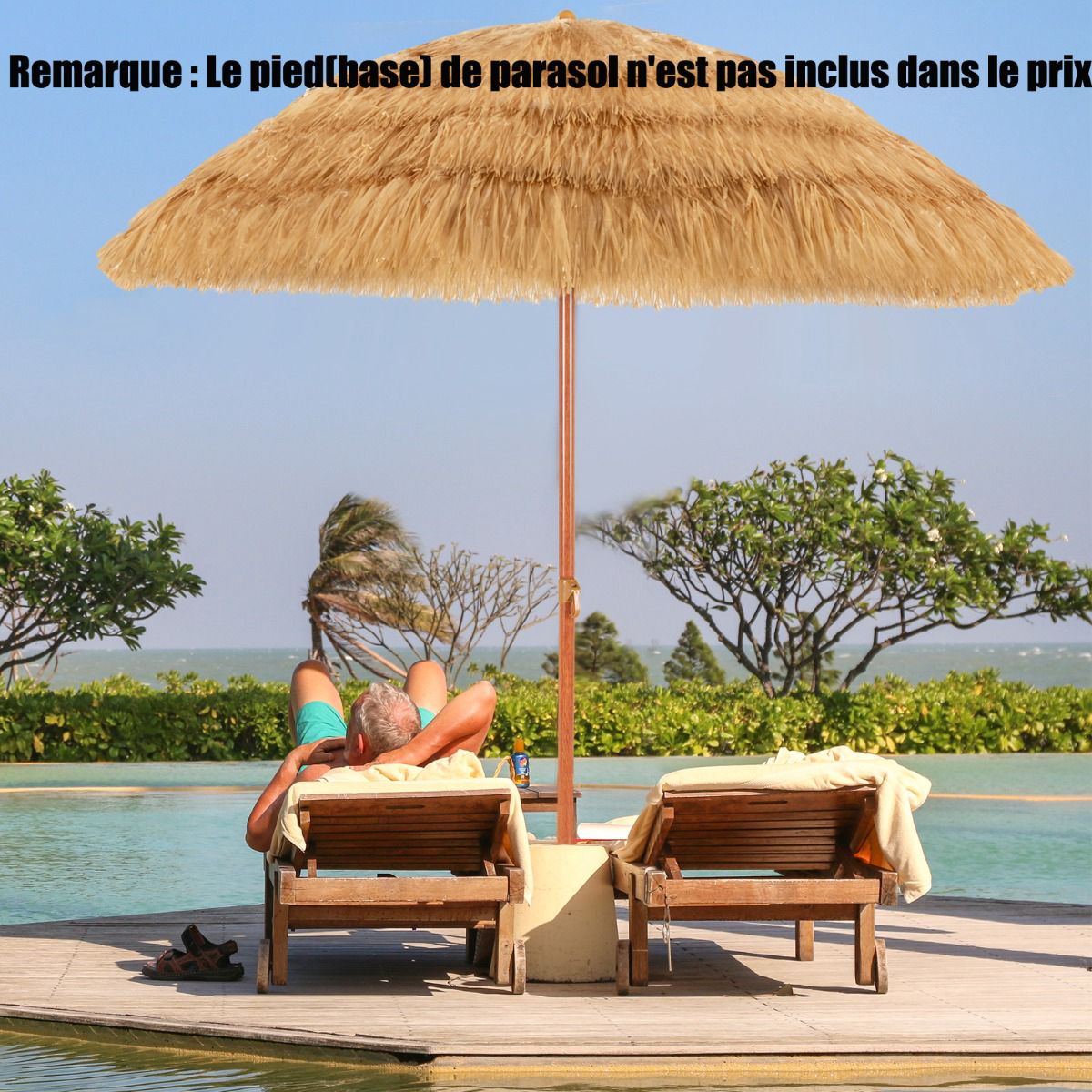 Tilting Beach Umbrella 200cm, Thatched Roof, Sand Anchor