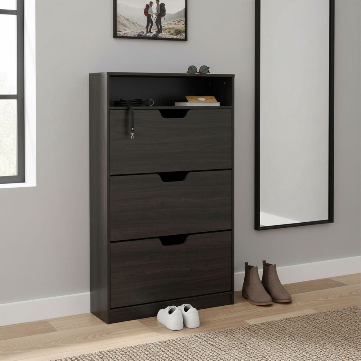 Tilting Shoe Cabinet with Adjustable Compartments