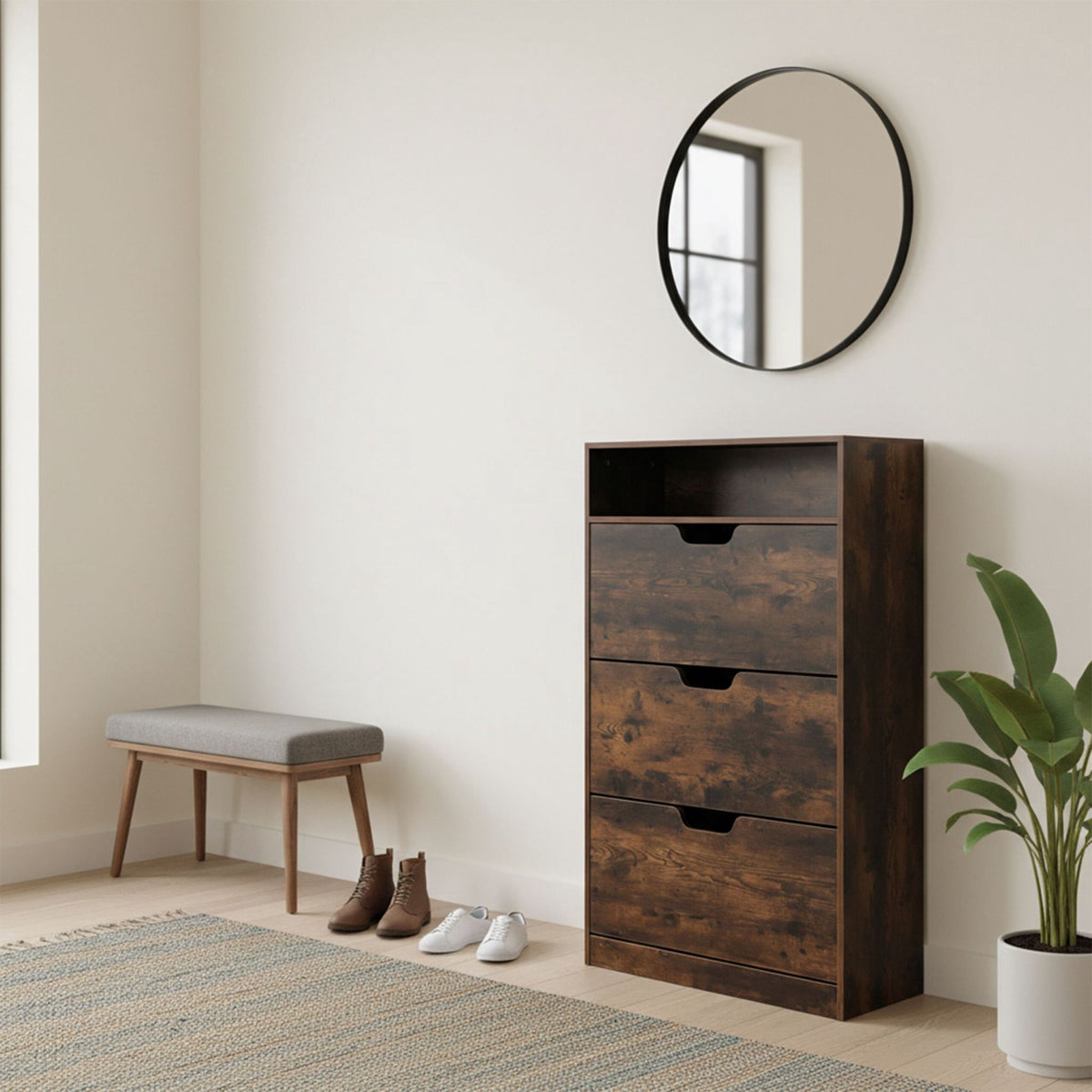 Tilting Shoe Cabinet with Adjustable Compartments & Shelf