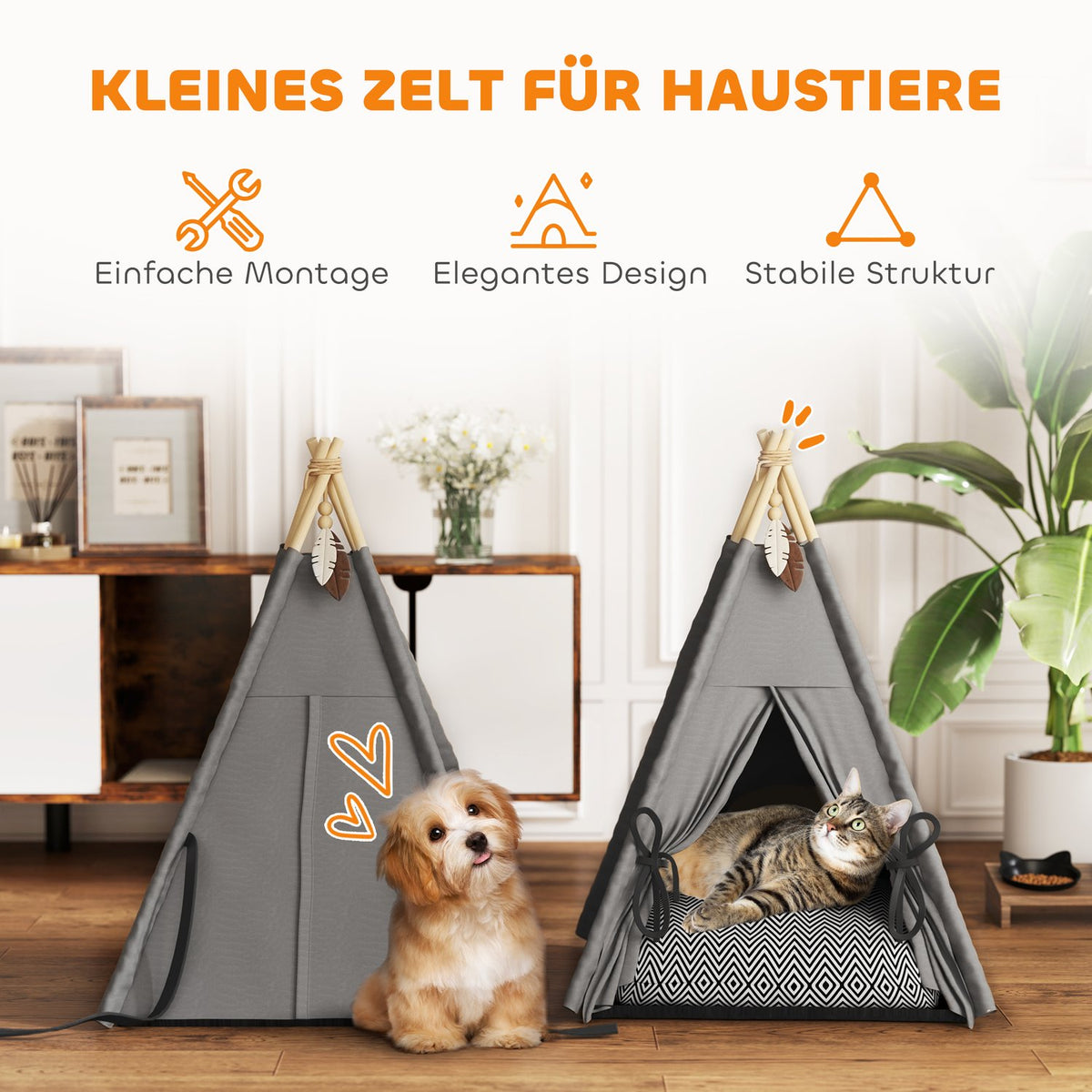 Tipi tent for pets, cat tent with removable and washable cushions, cat house with non-slip base, play ball, for cats under 5kg, mini dogs, 60 x 60 x 76 cm, gray