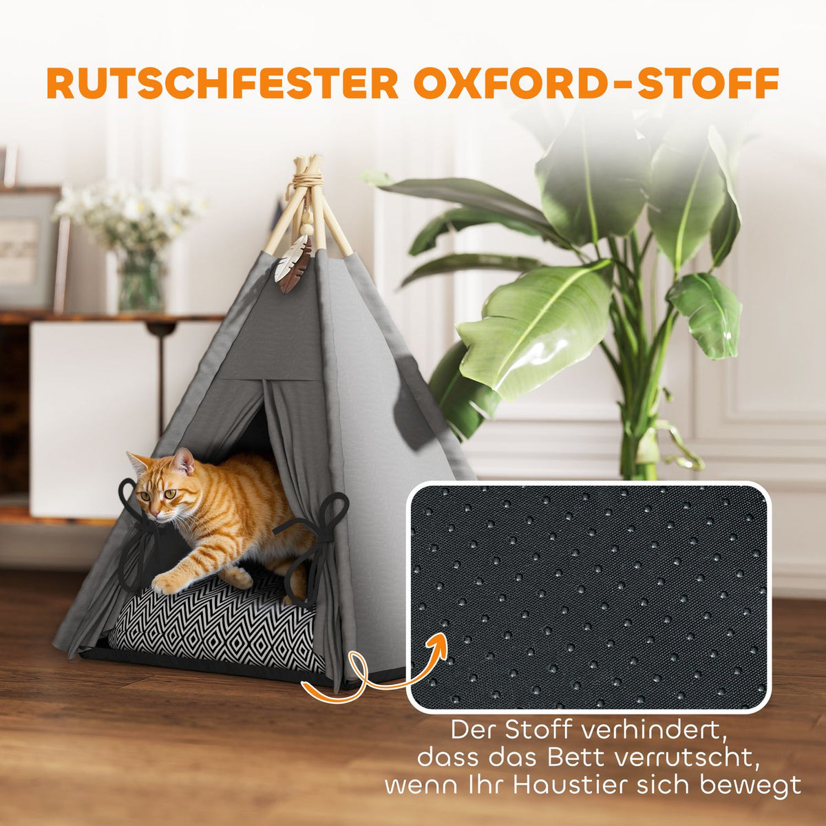 Tipi tent for pets, cat tent with removable and washable cushions, cat house with non-slip base, play ball, for cats under 5kg, mini dogs, 60 x 60 x 76 cm, gray