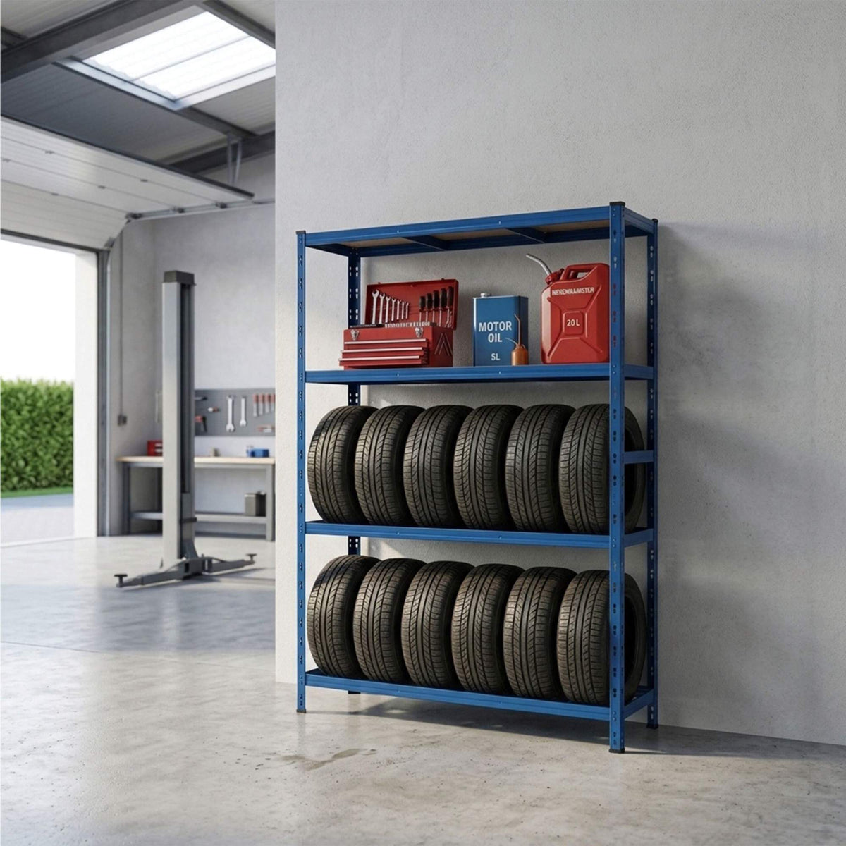 Tire Rack, 2-Shelf Steel, Adjustable Spacing
