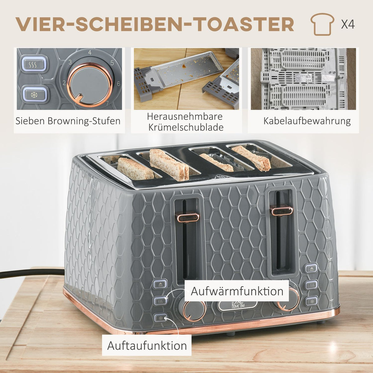 Toaster & Kettle Set, 1.7L, 4-Slice, Grey Plastic