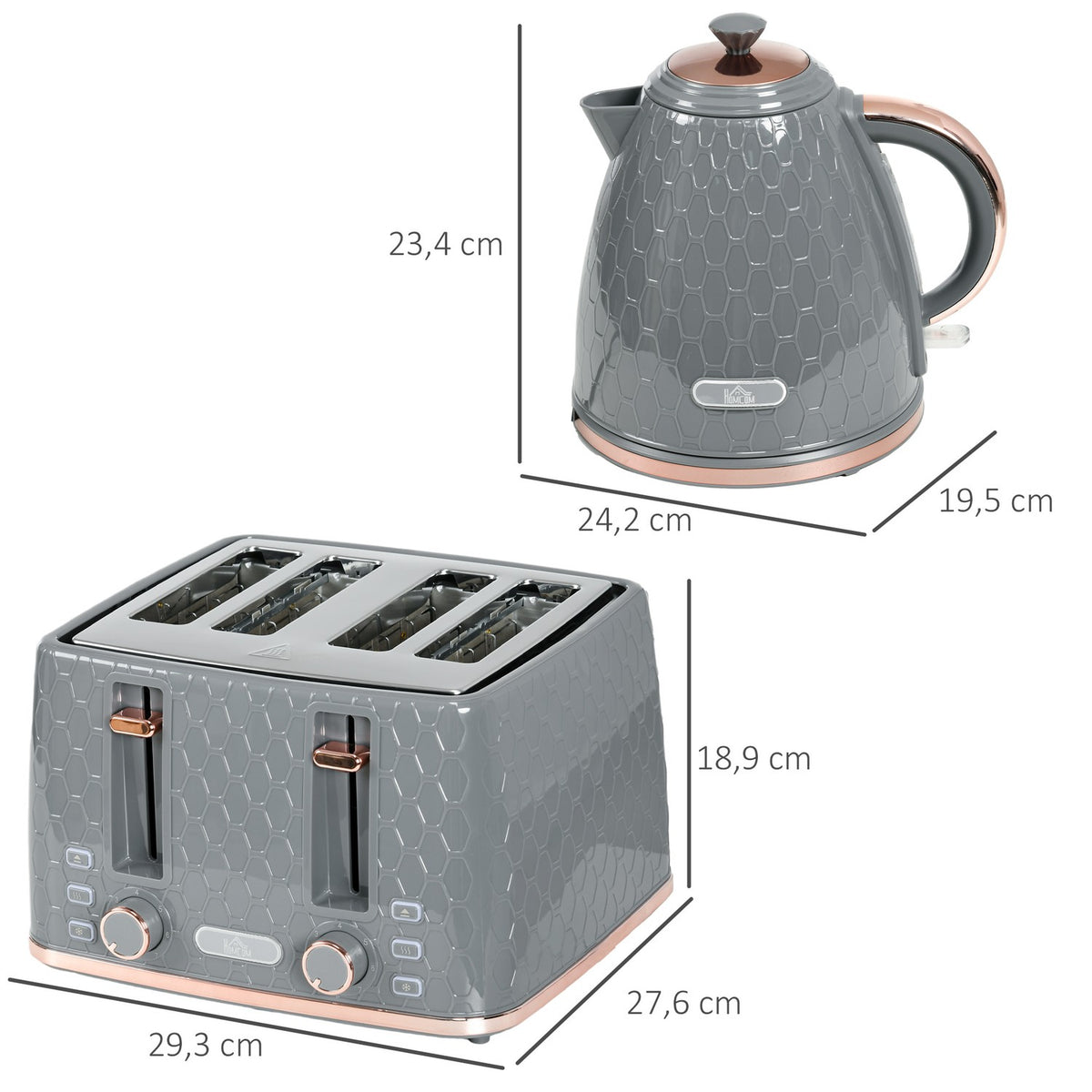 Toaster & Kettle Set, 1.7L, 4-Slice, Grey Plastic