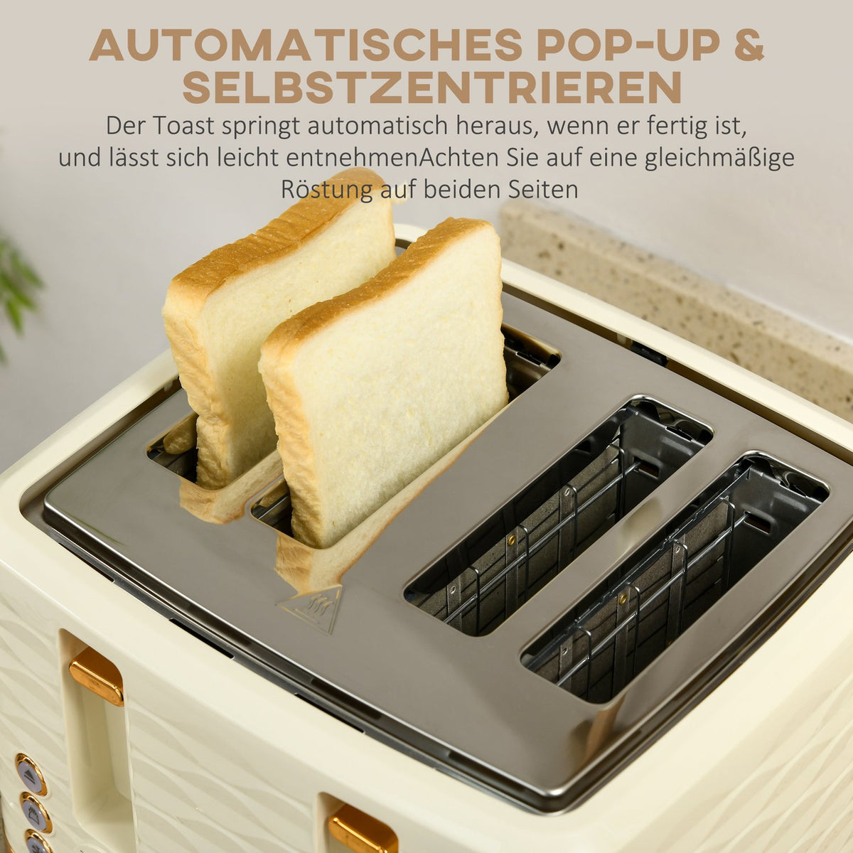 Toaster and Kettle Set, 7 Browning Levels, Defrost, Beige